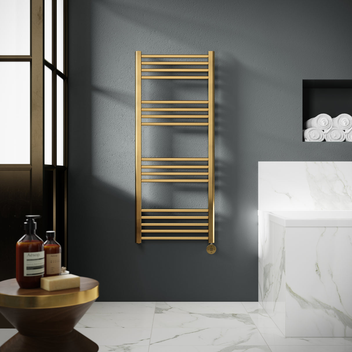 Nuie Ladder Electric Heated Towel Rail - 17 Round Rails - H1200 x W500mm Brushed Brass MTY860 LS2