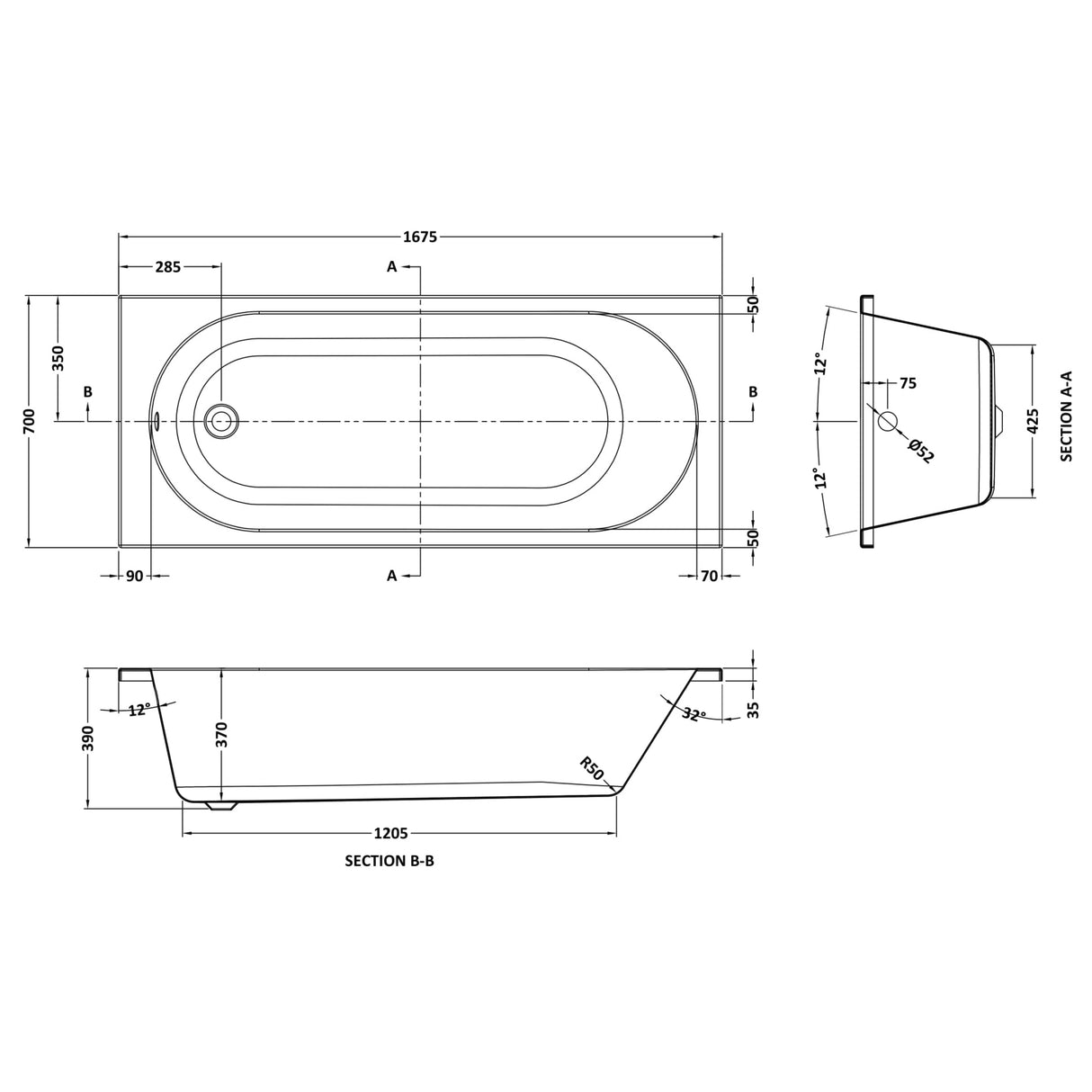 Nuie Otley Thin-Edge Round Single Ended Acrylic Bath 5'6" (1675x700mm) White NBA308 LD