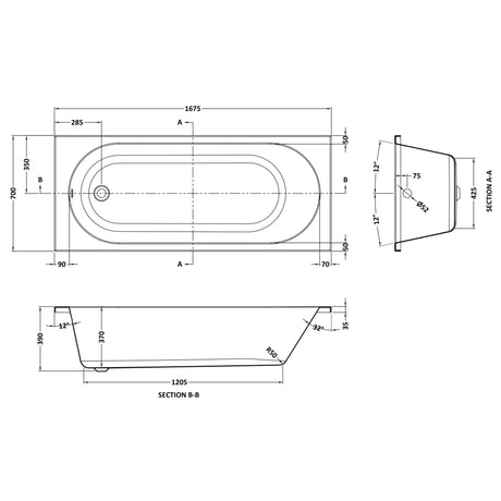 Nuie Otley Thin-Edge Round Single Ended Acrylic Bath 5'6" (1675x700mm) White NBA308 LD