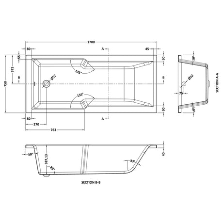 Nuie Square Single Ended Acrylic Shower Bath 1700x750mm White NBA710 LD