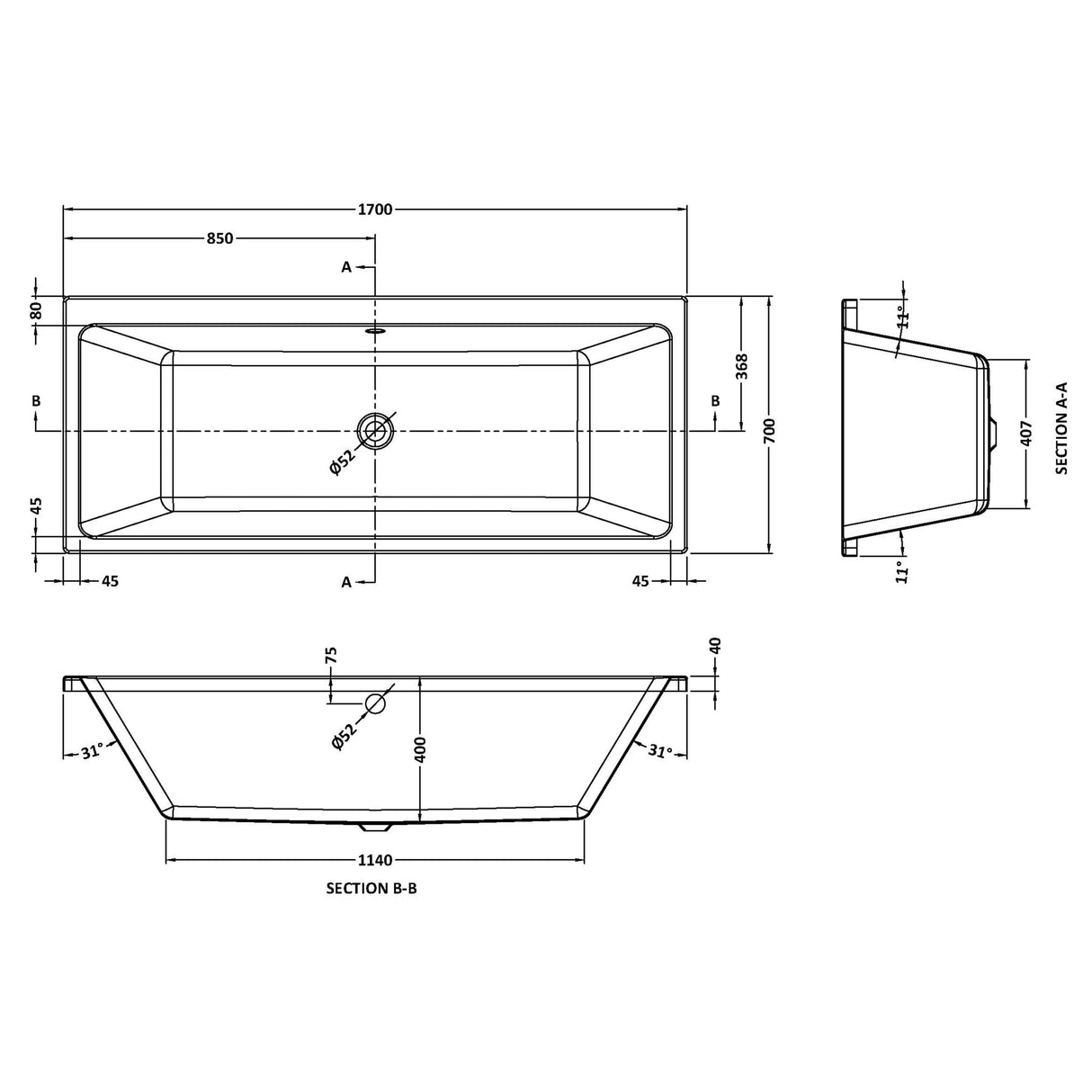 Nuie Asselby Thin-Edge Square Double Ended Acrylic Bath White NBA909 LD