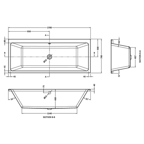 Nuie Asselby Thin-Edge Square Double Ended Acrylic Bath White NBA909 LD