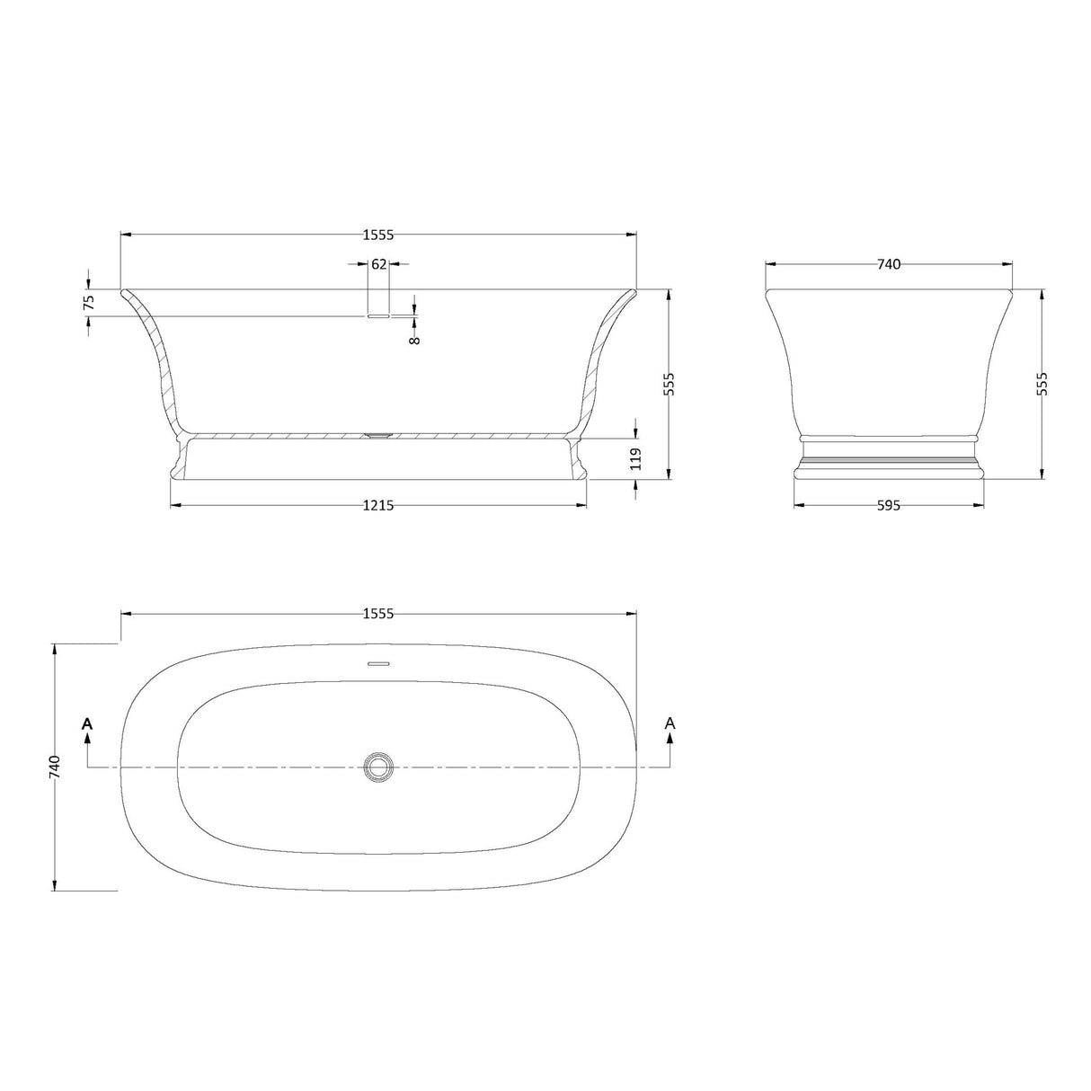 Old London Farringdon Double Ended Freestanding Bath L1555 x W740mm NBB004 LD