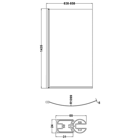 Nuie Curved B-Shaped Hinged Bath Screen - 6mm Glass (H1435 x W838-858mm) NBBS1 LD