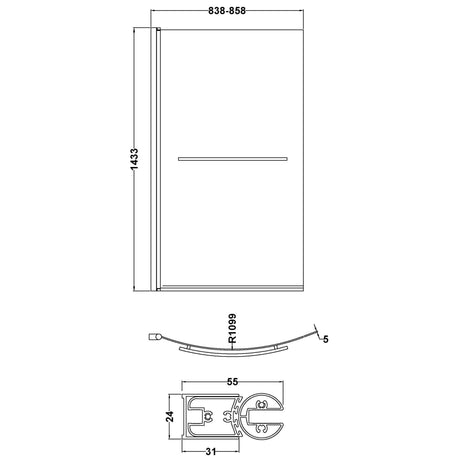 Nuie Curved B-Shaped Hinged Bath Screen With Rail - 6mm Glass (H1433 x W838-858mm) NBBSR1 LD