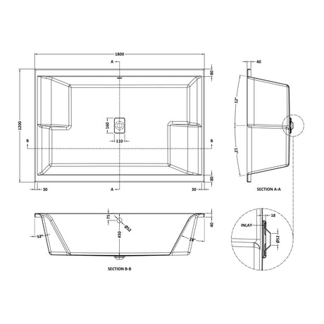 Nuie Double Ended Inset Spa Bath 1800x1200mm Gloss White NBI1812 LD