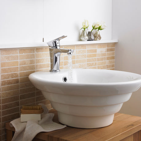 Nuie Round Countertop Mono Basin H200mm x W460mm x D460mm - 1 Tap Hole - With Overflow White NBV006 LS