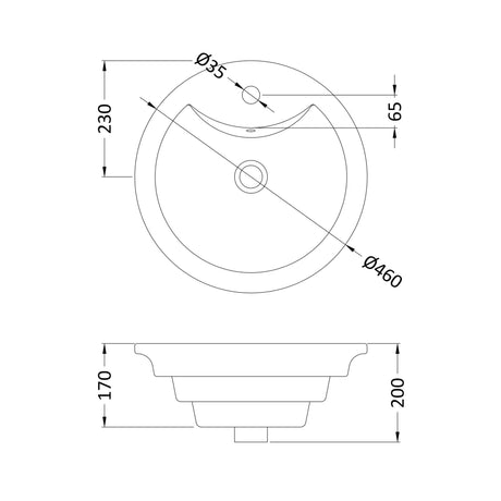 Nuie Round Countertop Mono Basin H200mm x W460mm x D460mm - 1 Tap Hole - With Overflow White NBV006 LD