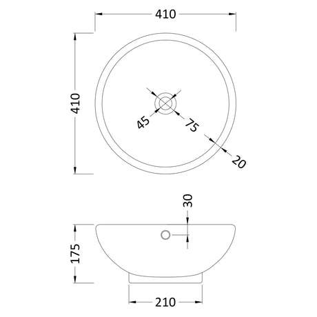 Nuie Round Countertop Basin H175mm x W410mm x D410mm - 0 Tap Hole - With Overflow White NBV124 LD