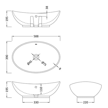Nuie Oval Countertop Basin H195mm x W588mm x D390mm - 0 Tap Hole - With Overflow White NBV166 LD