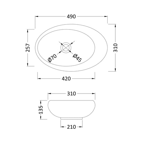 Nuie Oval Countertop Basin H135mm x W490mm x D310mm - 0 Tap Hole White NBV168 LD