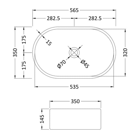 Nuie Oval Countertop Basin H145mm x W565mm x D350mm - 0 Tap Hole Matt White NBV269 LD