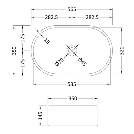 Nuie Oval Countertop Basin H145mm x W565mm x D350mm - 0 Tap Hole Matt Black NBV469 LD