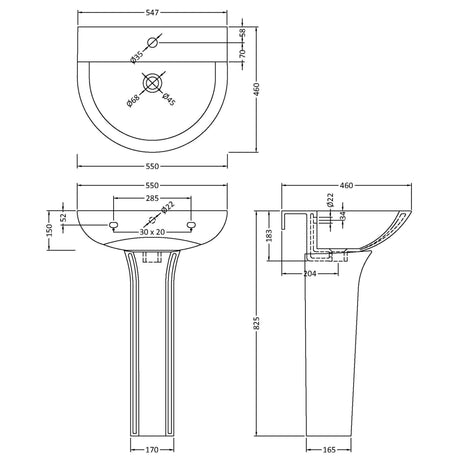 Nuie Freya Basin & Full Pedestal 550mm wide - 1 Tap Hole NCG300 LD