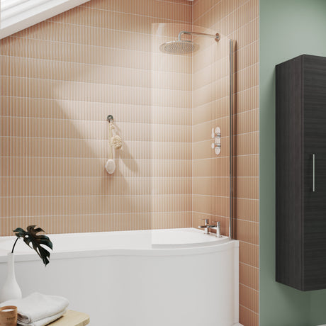 Nuie Curved P-Shaped Hinged Bath Screen - 6mm Glass (H1433 x W700-715mm) NCS0 LS2