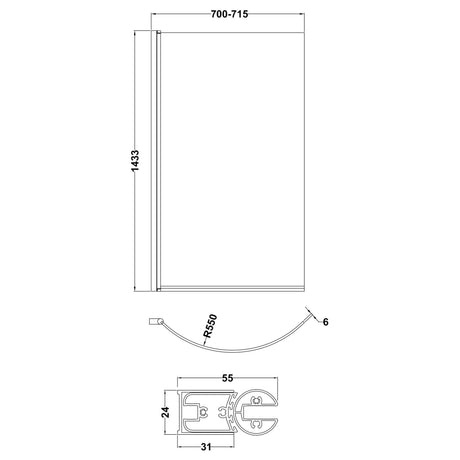 Nuie Curved P-Shaped Hinged Bath Screen - 6mm Glass (H1433 x W700-715mm) NCS0 LD