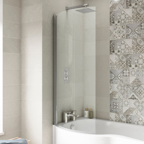 Nuie Curved P-Shaped Hinged Bath Screen - 6mm Glass (H1433 x W700-715mm) NCS0 LS1