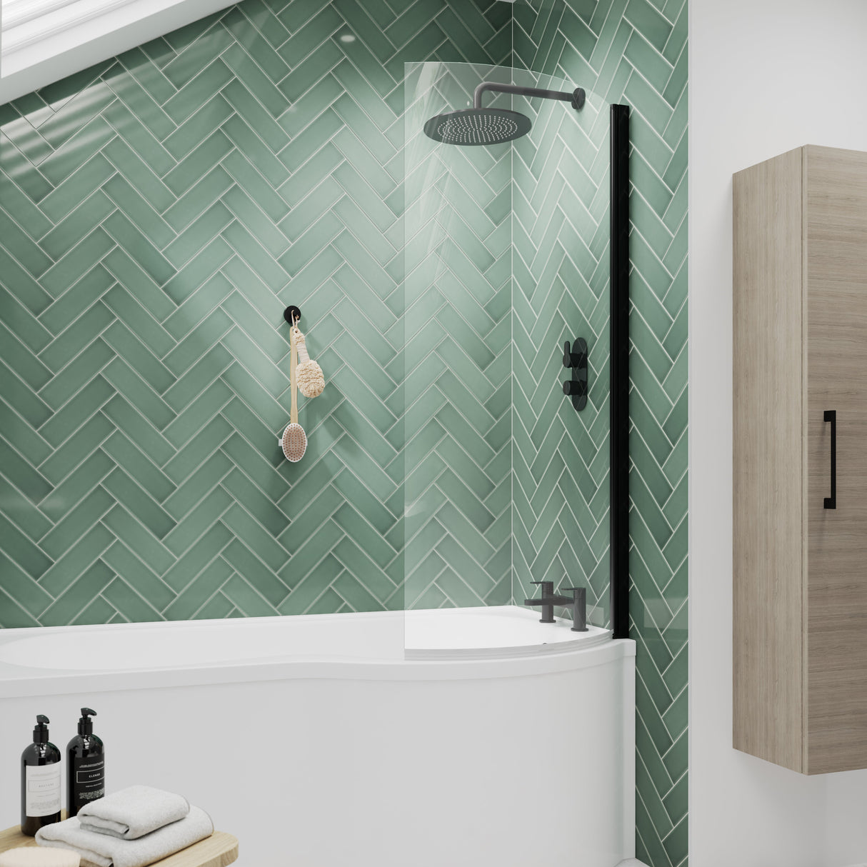Nuie Curved P-Shaped Hinged Bath Screen - 6mm Glass (H1430 x W700-715mm) Matt Black NCS0BP LS2