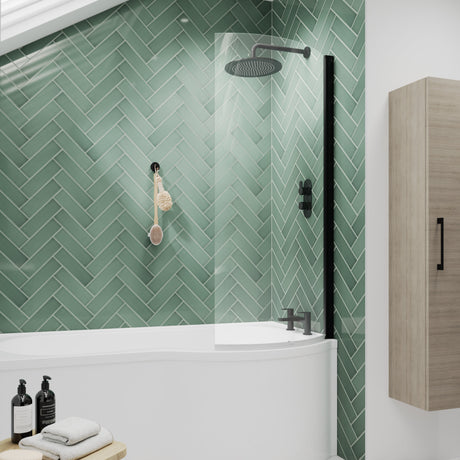 Nuie Curved P-Shaped Hinged Bath Screen - 6mm Glass (H1430 x W700-715mm) Matt Black NCS0BP LS2