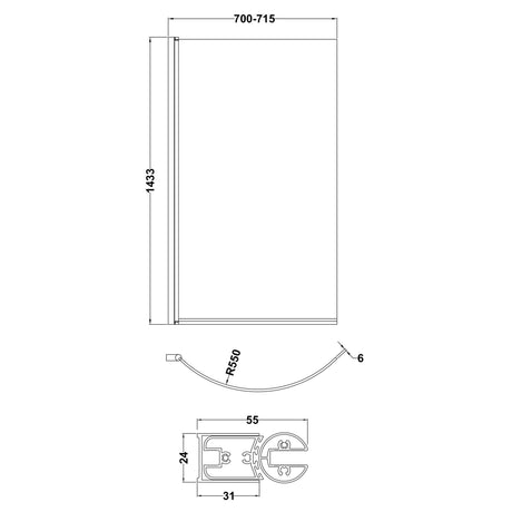 Nuie Curved P-Shaped Hinged Bath Screen - 6mm Glass (H1430 x W700-715mm) Matt Black NCS0BP LD
