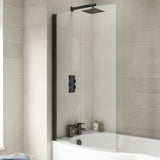 Nuie Curved P-Shaped Hinged Bath Screen - 6mm Glass (H1430 x W700-715mm) Matt Black NCS0BP LS1
