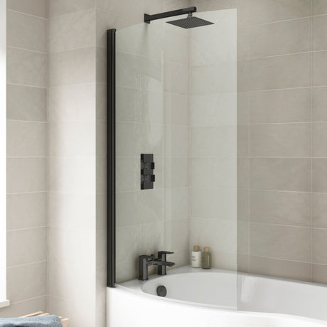 Nuie Curved P-Shaped Hinged Bath Screen - 6mm Glass (H1430 x W700-715mm) Matt Black NCS0BP LS1