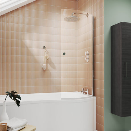 Nuie Curved P-Shaped Hinged Bath Screen With Knob - 6mm Glass (H1433 x W700-715mm) NCS1 LS