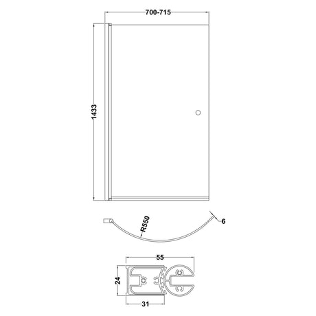 Nuie Curved P-Shaped Hinged Bath Screen With Knob - 6mm Glass (H1433 x W700-715mm) NCS1 LD