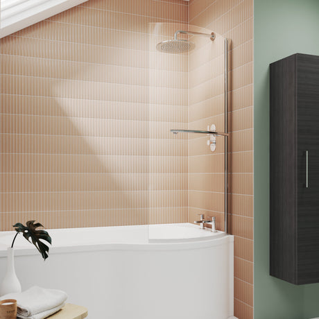 Nuie Curved P-Shaped Hinged Bath Screen With Rail - 6mm Glass (H1433 x W700-715mm) NCSR1 LS