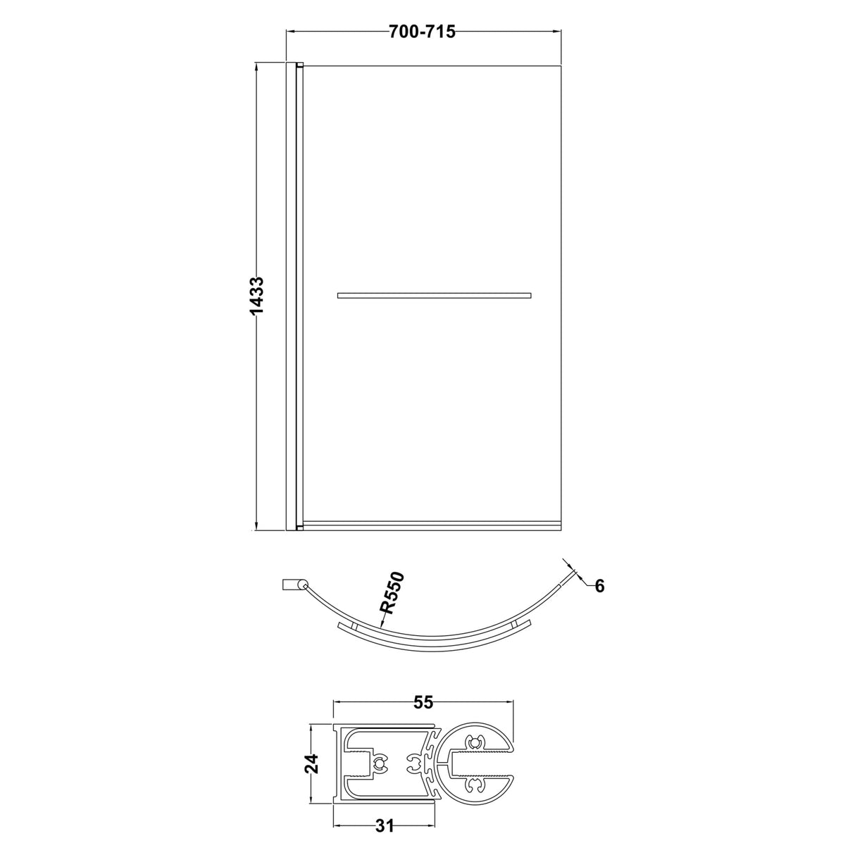 Nuie Curved P-Shaped Hinged Bath Screen With Rail - 6mm Glass (H1433 x W700-715mm) NCSR1 LD