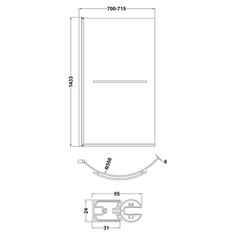 Nuie Curved P-Shaped Hinged Bath Screen With Rail - 6mm Glass (H1433 x W700-715mm) NCSR1 LD