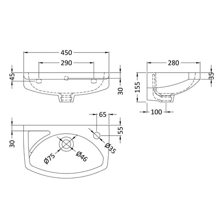 Nuie Melbourne Wall Hung Cloakroom Basin W450 x D280mm - 1 Tap Hole NCU842 LD