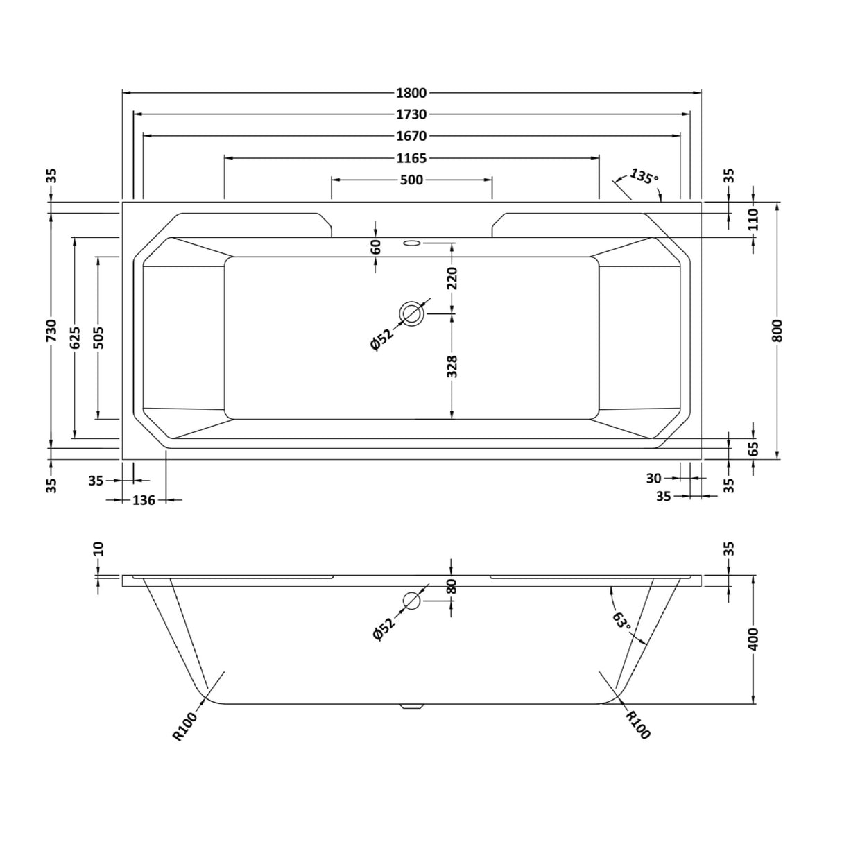 Nuie Ascott Traditional Double Ended Acrylic Bath 1800x800mm White NLB114 LD