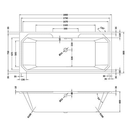 Nuie Ascott Traditional Double Ended Acrylic Bath 1800x800mm White NLB114 LD