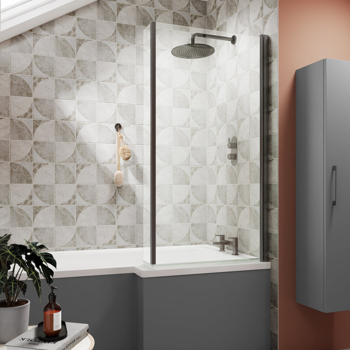 Nuie L-Shaped Fixed Bath Screen - 6mm Glass (H1400 x W800-815mm) Brushed Pewter NSBS27 LS
