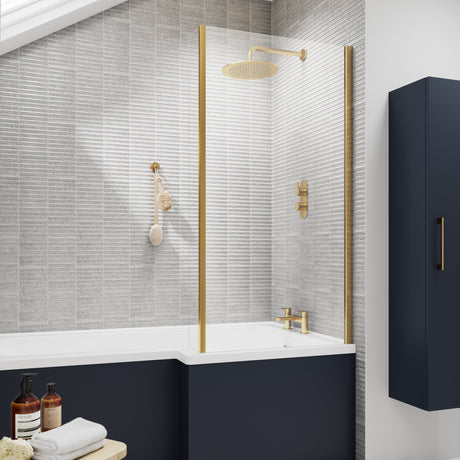 Nuie L-Shaped Fixed Bath Screen - 6mm Glass (H1400 x W800-815mm) Brushed Brass NSBS28 LS