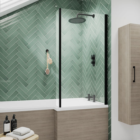 Nuie L-Shaped Fixed Bath Screen - 6mm Glass (H1400 x W800-815mm) Matt Black NSBS2BP LS