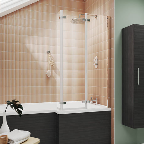 Nuie L-Shaped Fixed Bath Screen With Double Hinge - 6mm Glass (H1400 x W800-825mm) NSBS3 LS