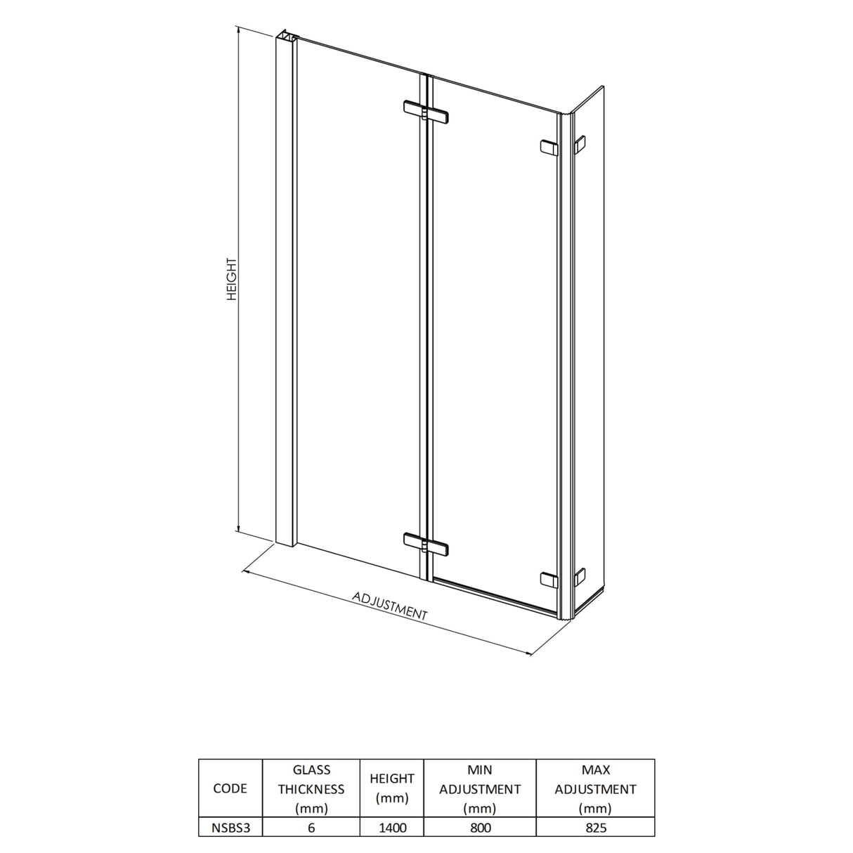 Nuie L-Shaped Fixed Bath Screen With Double Hinge - 6mm Glass (H1400 x W800-825mm) NSBS3 LD