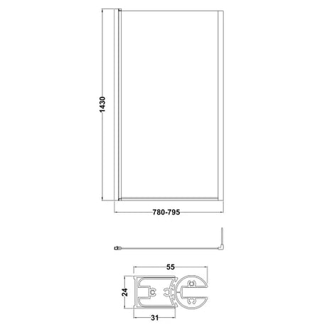 Nuie L-Shaped Fixed Bath Screen - 6mm Glass (H1400 x W800-815mm) Brushed Brass NSBS78 LD