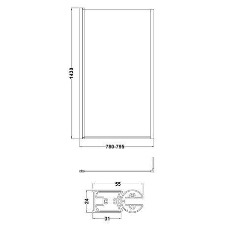 Nuie L-Shaped Hinged Bath Screen With Fixed Return - 6mm Glass (H1430 x W780-795mm) NSBS7 LD