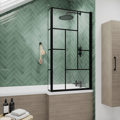 Nuie Abstract L-Shaped Hinged Bath Screen With Fixed Return - 6mm Glass (H1430 x W780-795mm) Matt Black NSBS7BB LS1