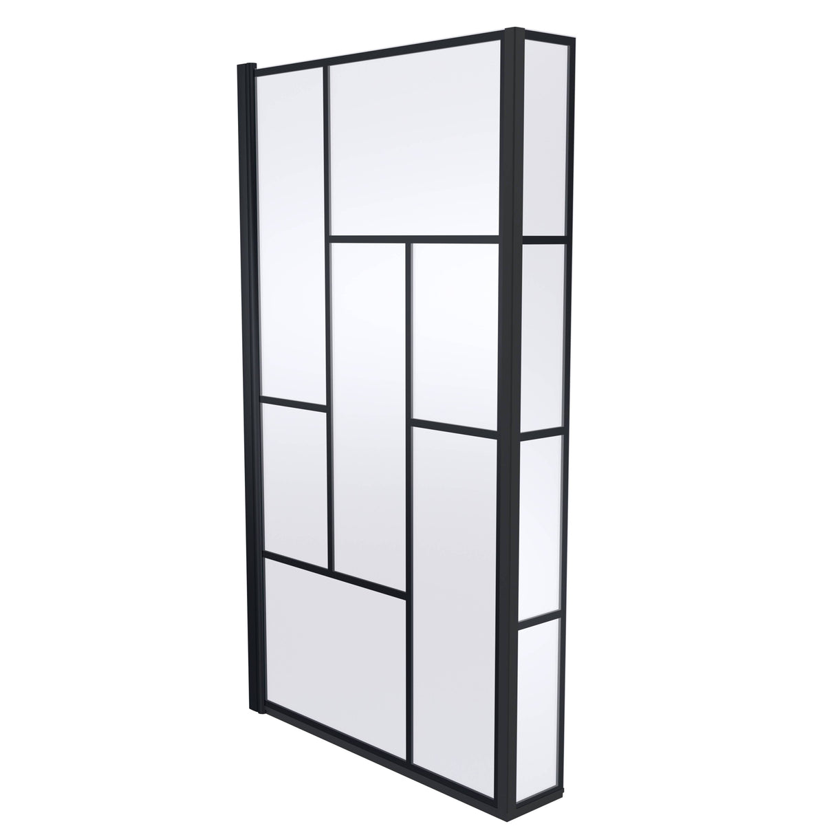 Nuie Abstract L-Shaped Hinged Bath Screen With Fixed Return - 6mm Glass (H1430 x W780-795mm) Matt Black NSBS7BB