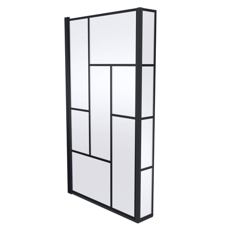 Nuie Abstract L-Shaped Hinged Bath Screen With Fixed Return - 6mm Glass (H1430 x W780-795mm) Matt Black NSBS7BB
