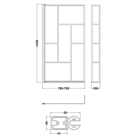 Nuie Abstract L-Shaped Hinged Bath Screen With Fixed Return - 6mm Glass (H1430 x W780-795mm) Matt Black NSBS7BB LD