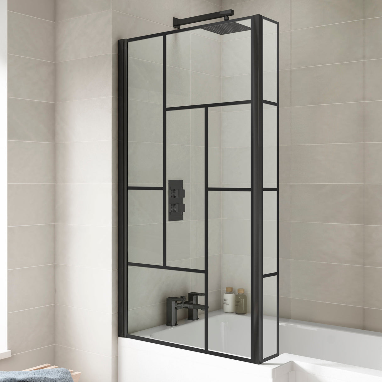 Nuie Abstract L-Shaped Hinged Bath Screen With Fixed Return - 6mm Glass (H1430 x W780-795mm) Matt Black NSBS7BB LS2
