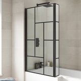 Nuie Abstract L-Shaped Hinged Bath Screen With Fixed Return - 6mm Glass (H1430 x W780-795mm) Matt Black NSBS7BB LS2
