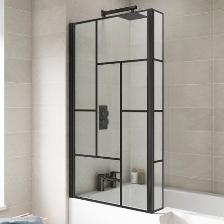 Nuie Abstract L-Shaped Hinged Bath Screen With Fixed Return - 6mm Glass (H1430 x W780-795mm) Matt Black NSBS7BB LS2