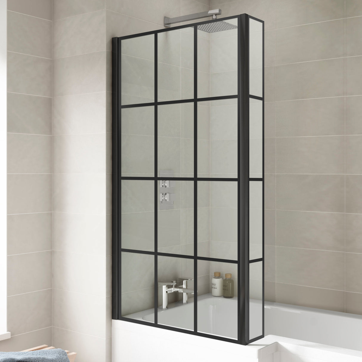 Nuie L-Shaped Hinged Bath Screen With Fixed Return - 6mm Glass (H1430 x W780-795mm) Matt Black NSBS7BF LS2