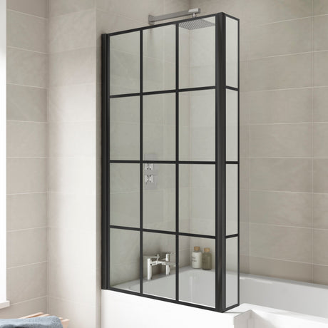 Nuie L-Shaped Hinged Bath Screen With Fixed Return - 6mm Glass (H1430 x W780-795mm) Matt Black NSBS7BF LS2